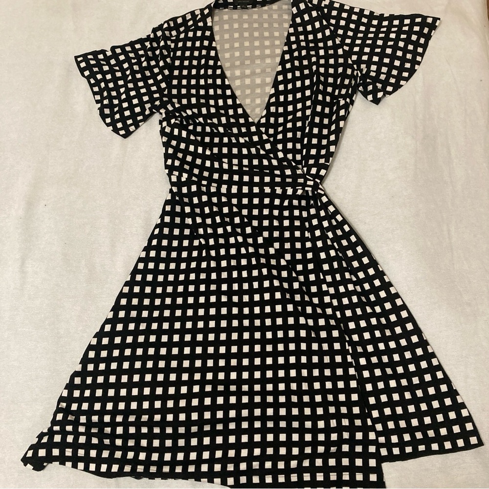 Ann Taylor Polka Square Plaid True Wrap Stretch Dress 10 Black/White Short Sleev - Picture 5 of 16
